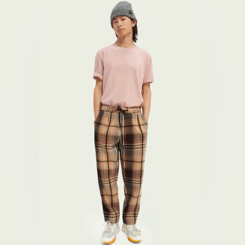 Scotch & Soda EUC Size XL Fave Checked Tapered-Fit Jogger in Beige + Bla…